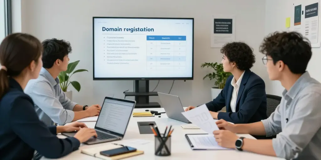 Engaged team brainstorming .co.uk domain registration strategies in a modern office.