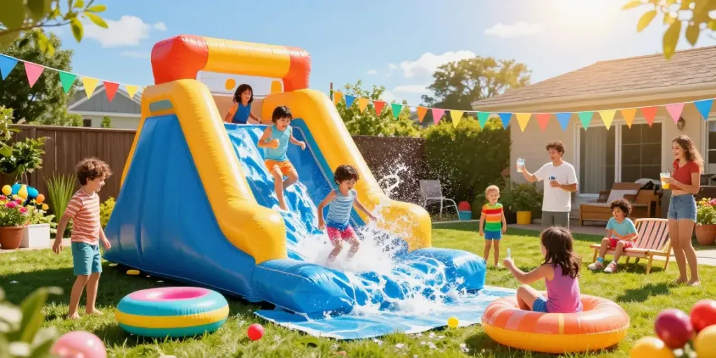 Children enjoying an inflatable water slide in a sunny backyard setting.