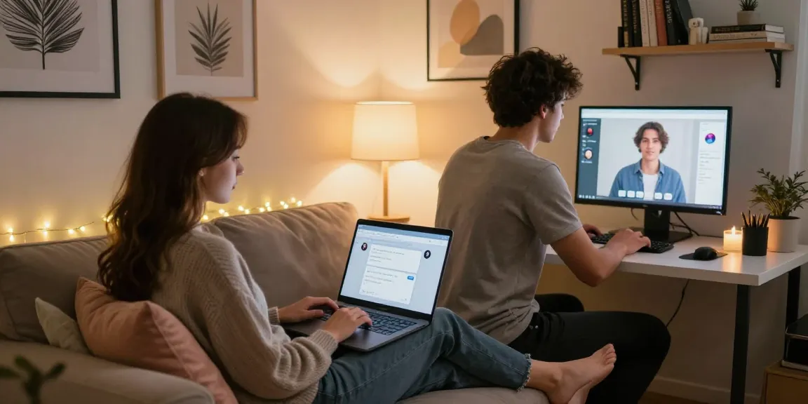 Young couple enjoying an intimate ai sex chat experience in a cozy living room setting.