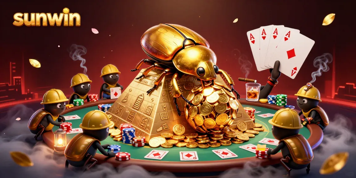 Experience the thrill of sunwin with an epic casino-themed 3D illustration featuring beetles and poker elements.