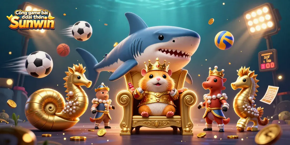 Cổng game bài đổi thưởng Sunwin shows a fierce golden hamster king on a megalodon throne, surrounded by dynamic sports betting elements.