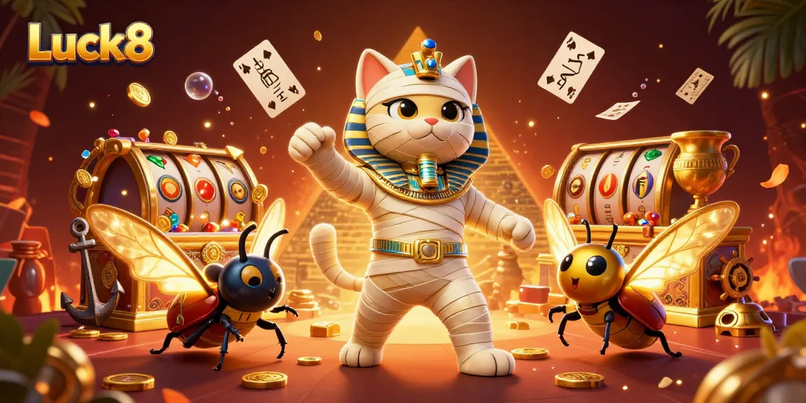 Experience Luck8's vibrant casino atmosphere with a dynamic Egyptian mummy cat and treasures.