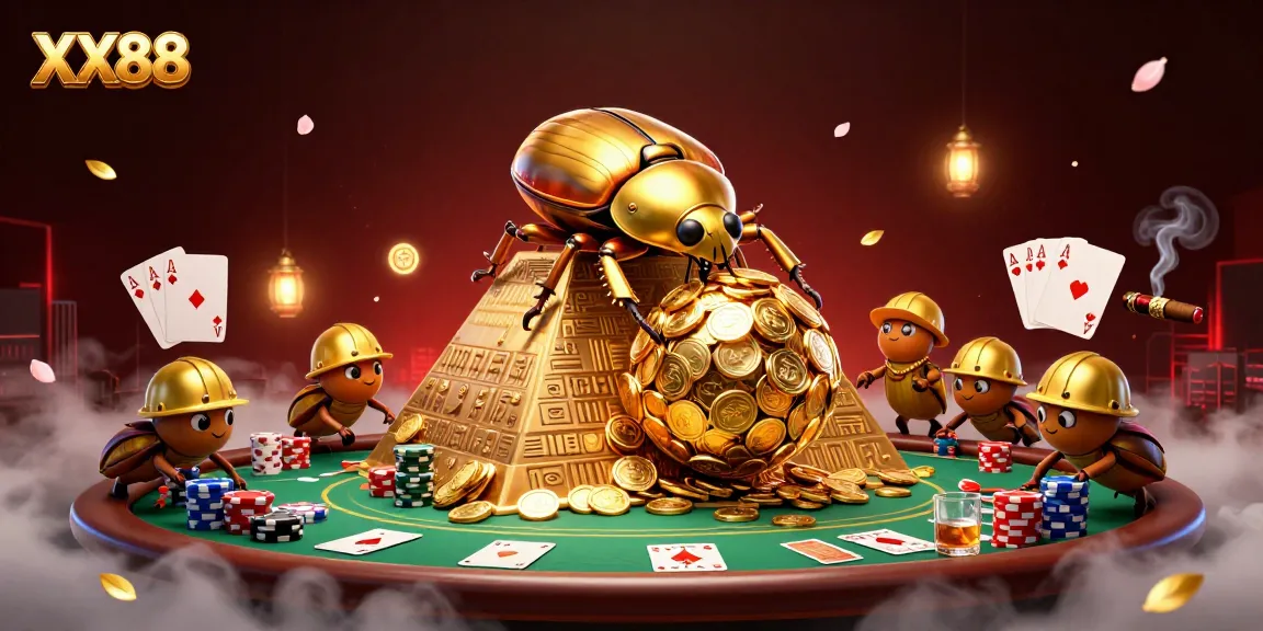 XX88 showcases an epic casino adventure with golden beetles, poker elements, and vibrant effects.