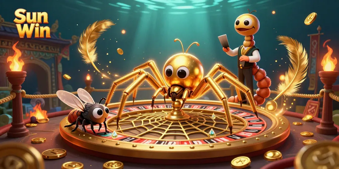 Experience Sun Win's thrilling roulette action with a golden spider and a betting fly in a vibrant casino scene