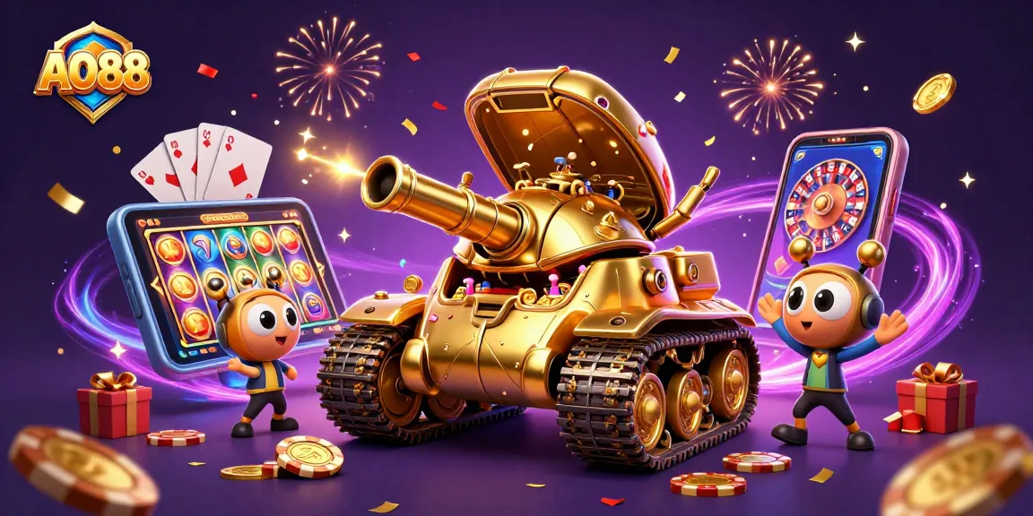 Experience the thrill of AO88 with a dynamic casino-themed illustration featuring golden beetles and slot games.