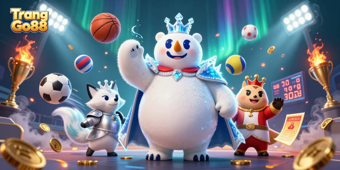 Experience the excitement of Trang Go88 with a vibrant 3D scene featuring polar bear and fox amidst sports betting action.