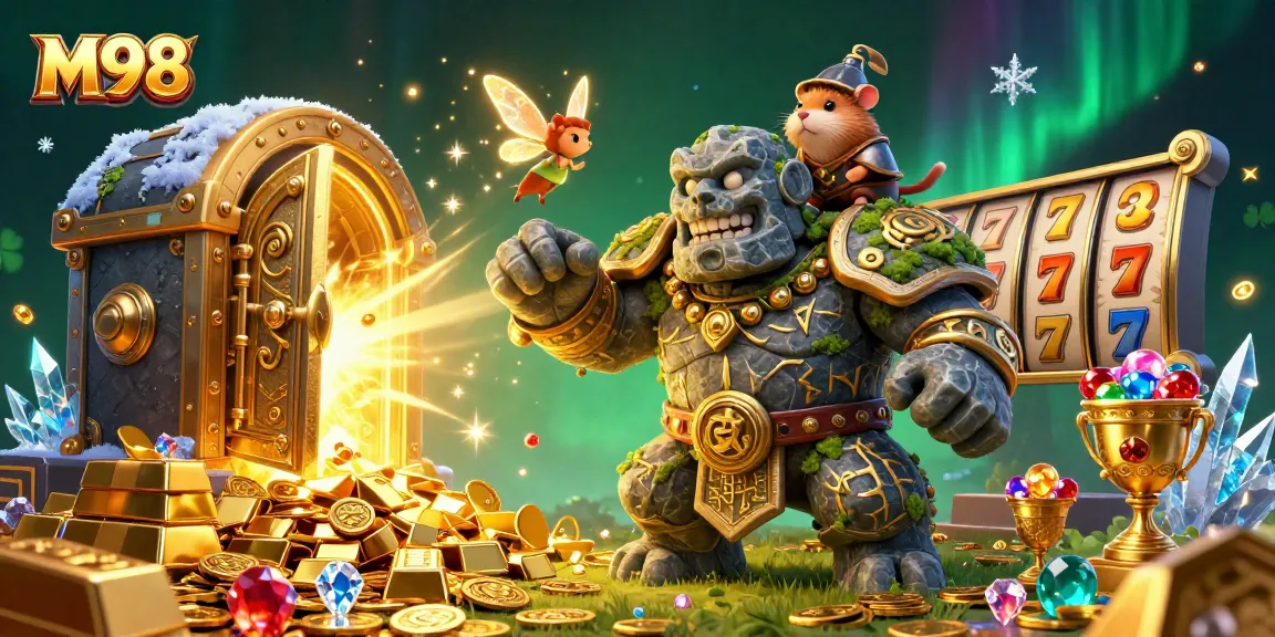 M98 players hit the jackpot with an enchanting scene featuring a lively golem and a hamster knight.