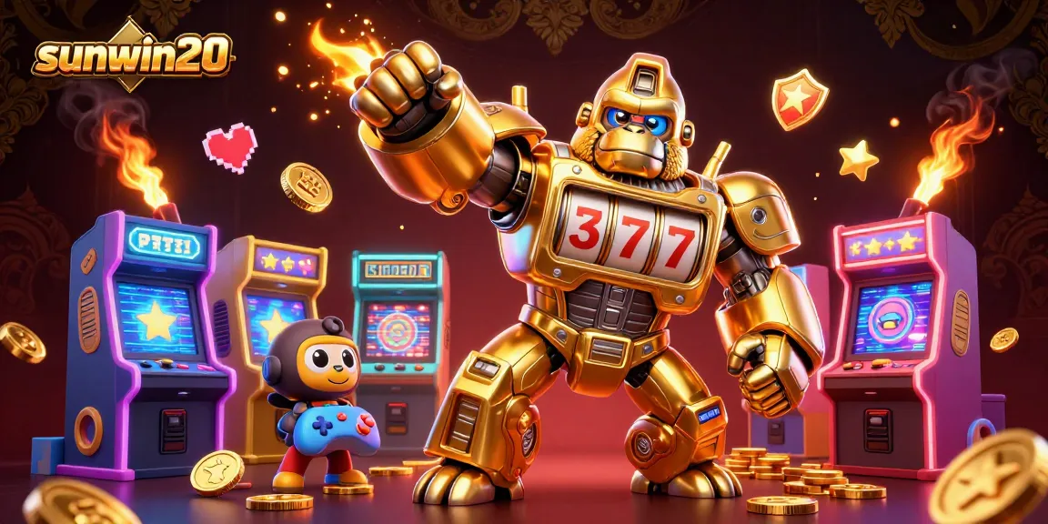 Experience the excitement of sunwin20 with a dynamic 3D scene showcasing a golden gorilla mech and arcade elements.